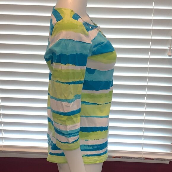 EUC Sapphire Star Women's Medium Top Colorful Green White Blue Stripes + Beads - Picture 2 of 13